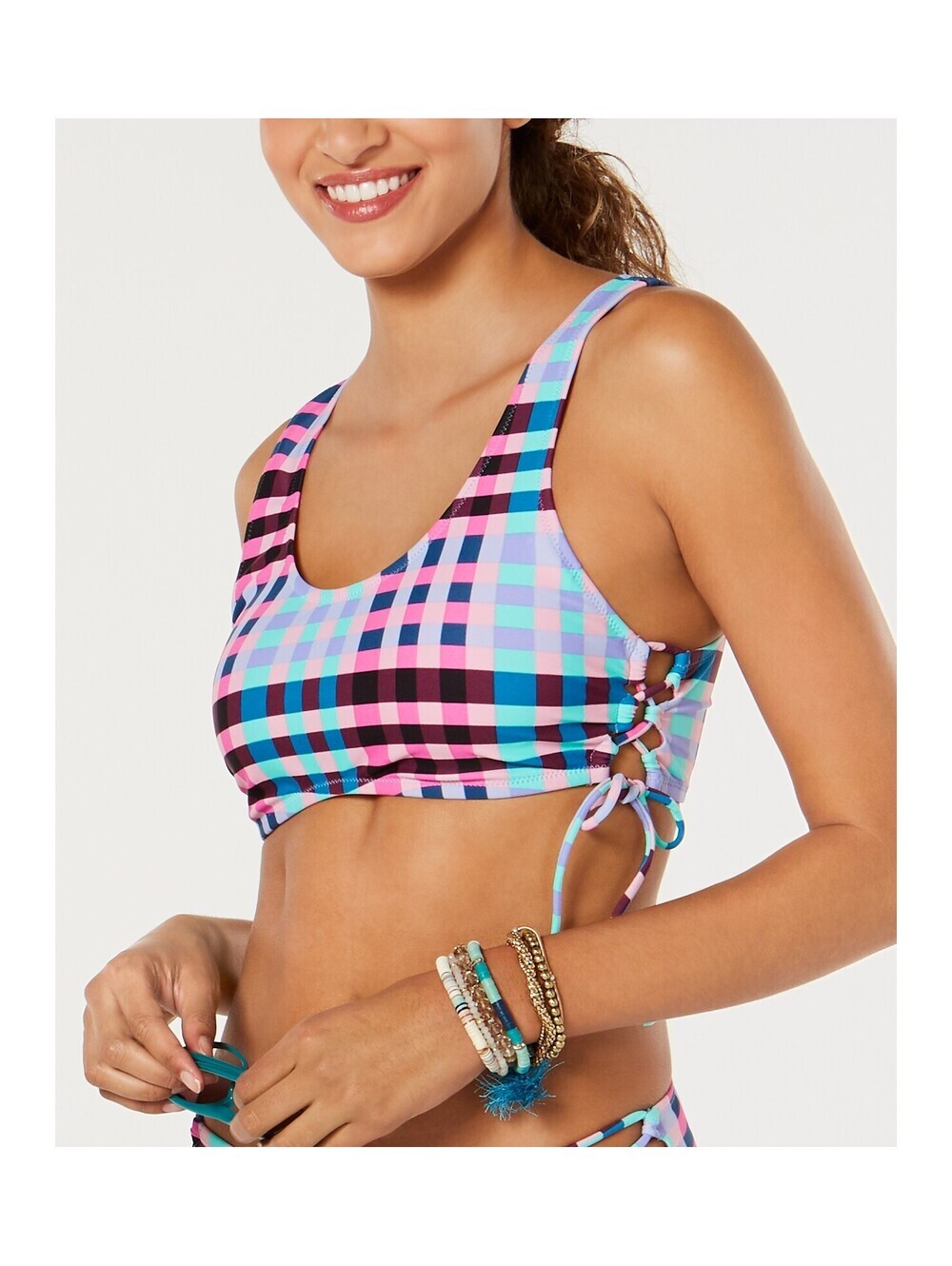 Hula Honey Womens Juniors Check It Out Printed Bralette Bikini Top Size S